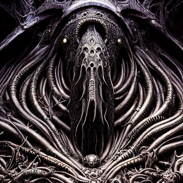 Intricate dark artwork with skull-like figure and alien vibe