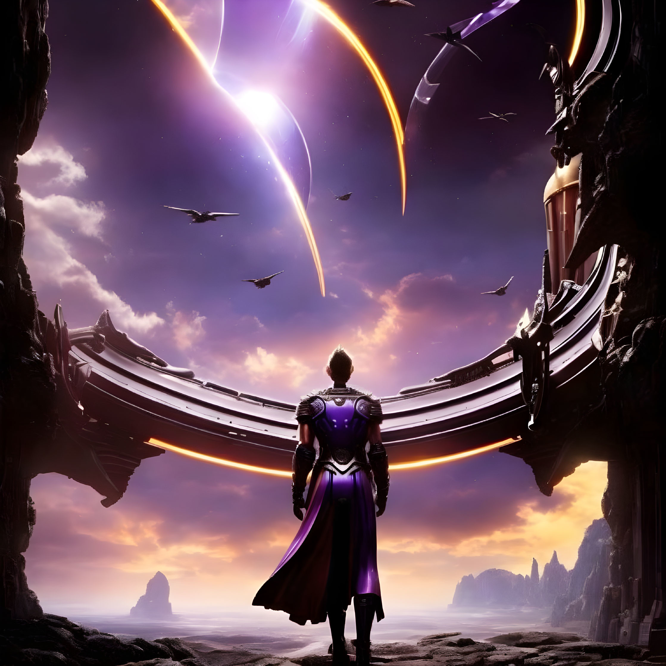 Purple-caped figure in futuristic sci-fi landscape with two moons and comet streaks