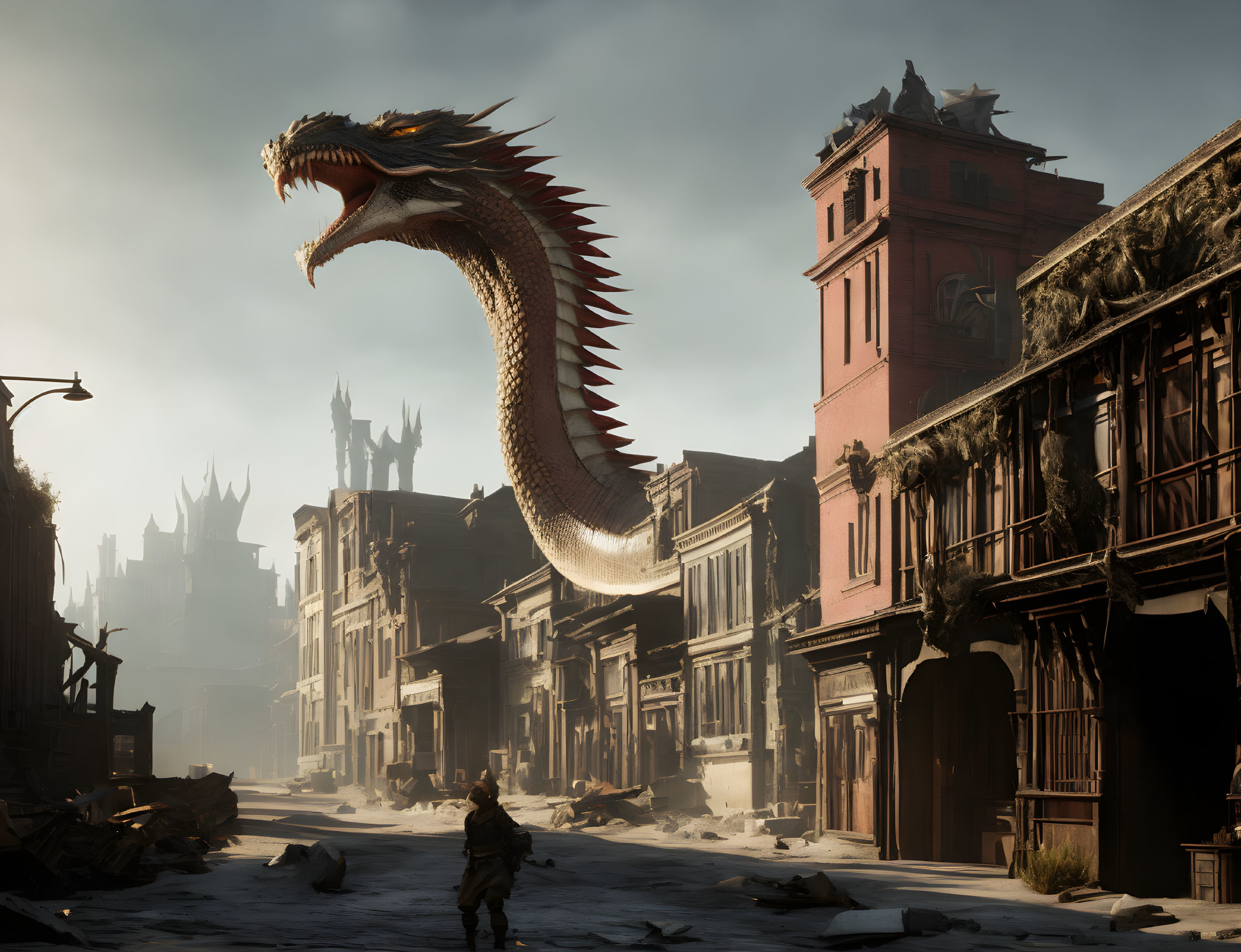 Enormous dragon overlooking abandoned city street with lone figure