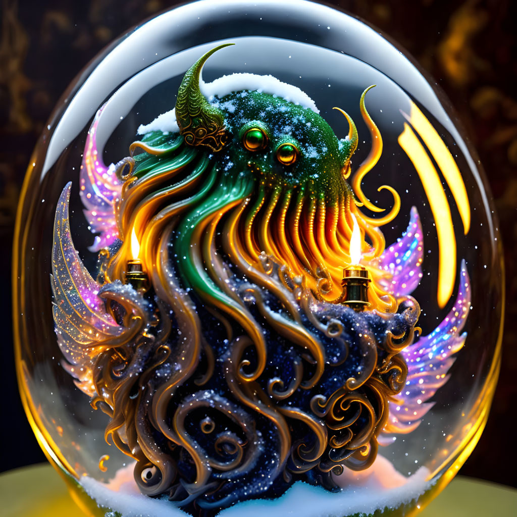 Colorful Tentacled Creature with Horns in Snow Globe Display