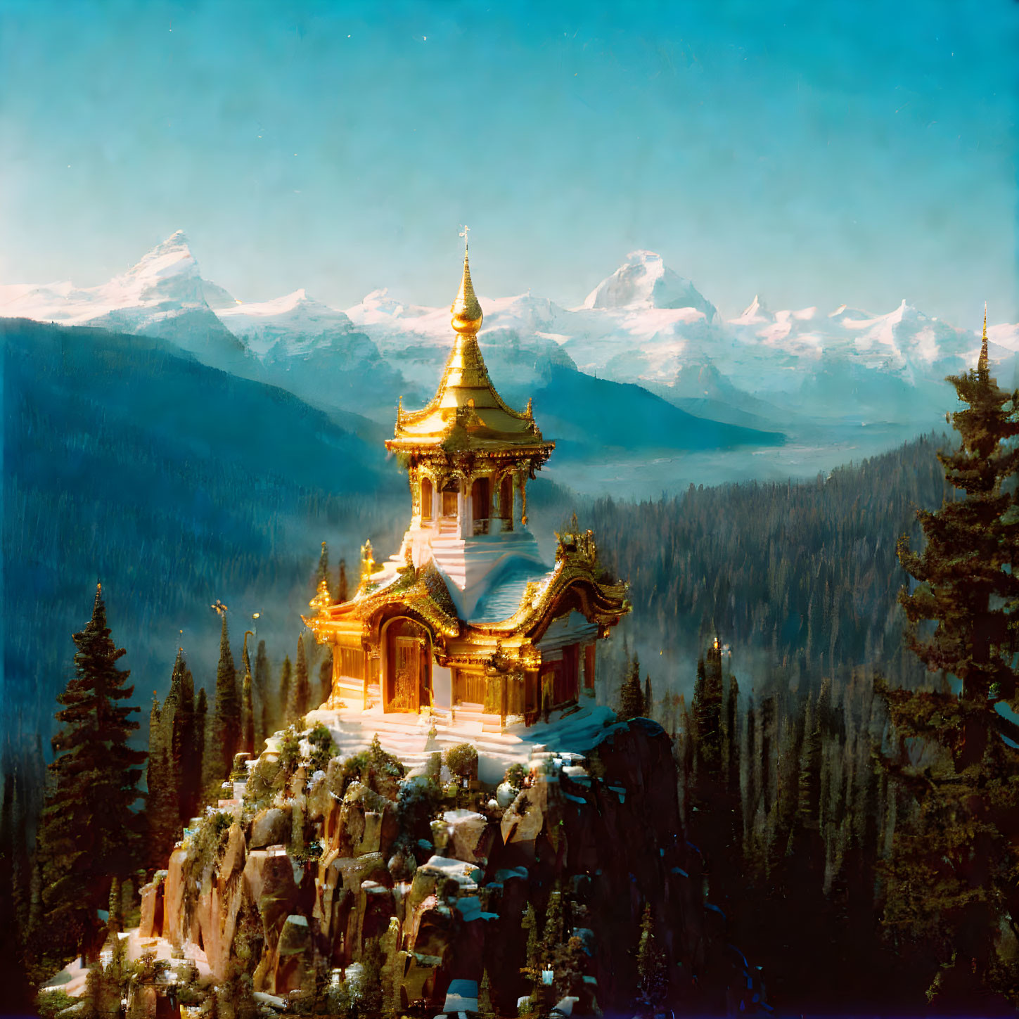 Golden temple on rocky outcrop in pine forest with snow-capped mountains and clear sky