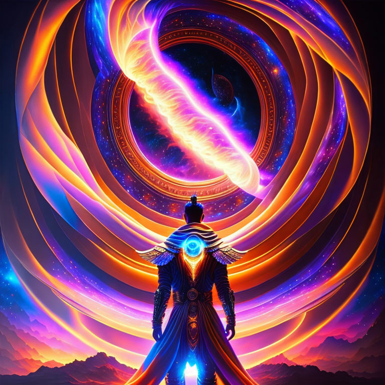 Figure in ornate armor amidst swirling cosmic vortexes in vibrant hues of orange, blue, and purple