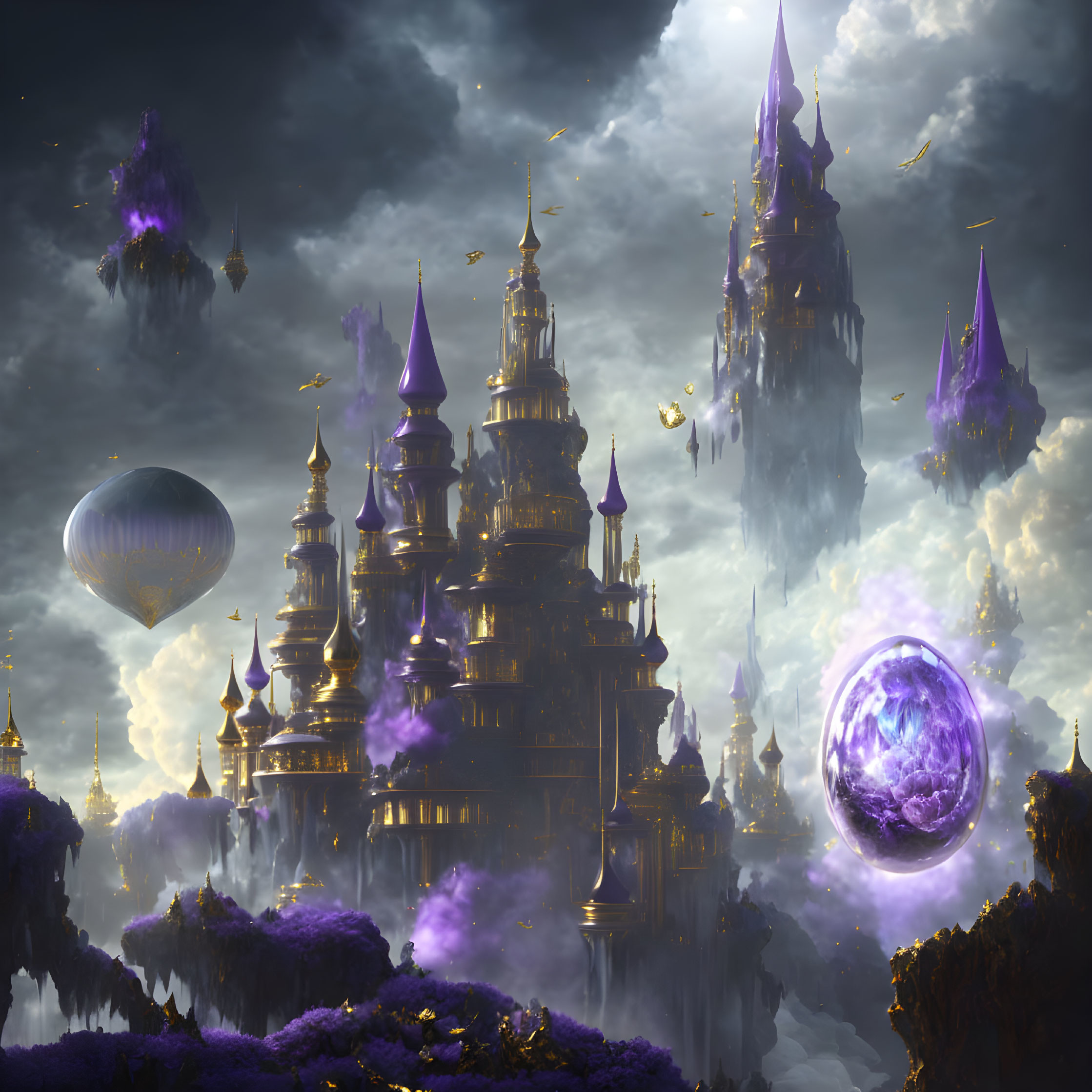 Floating City with Golden Domes, Magic Orbs, and Airships in Ethereal Landscape