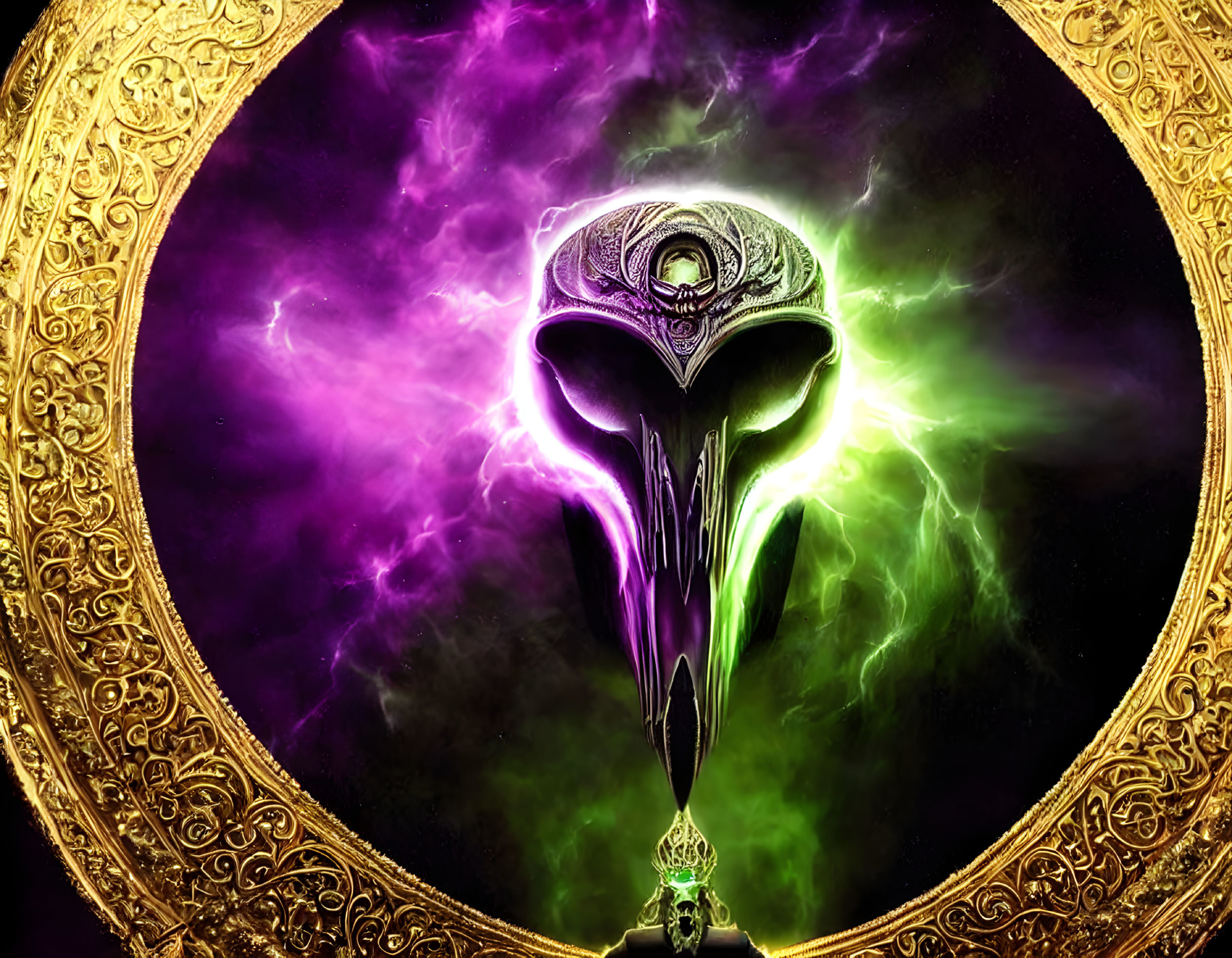 Golden circular frame with purple and green cosmic backdrop and glowing alien artifact