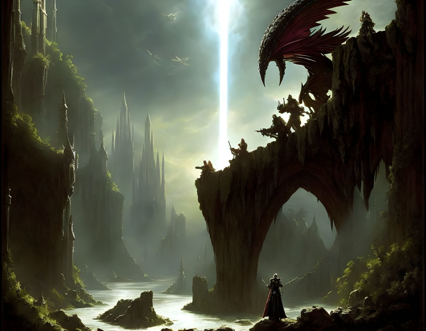 Fantasy landscape with towering spires, dragon, and lone figure