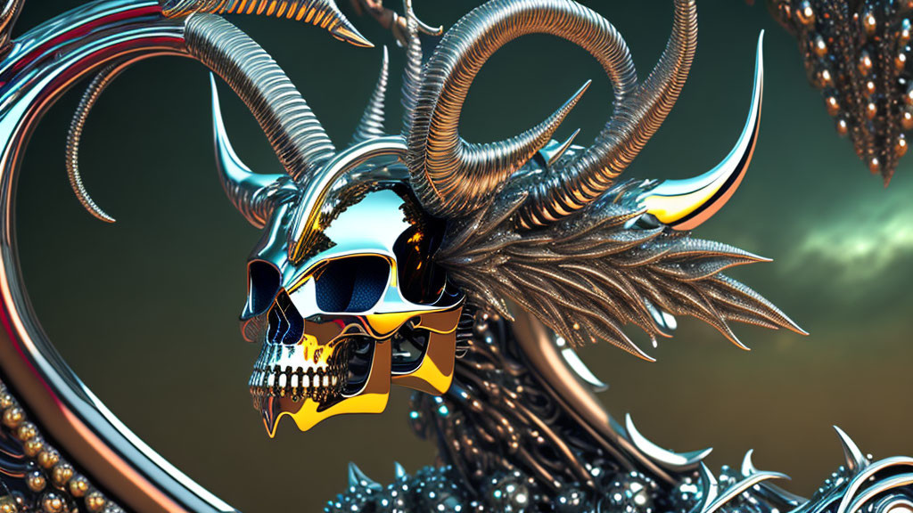 Futuristic metallic skull with horns and fractal elements on gradient background