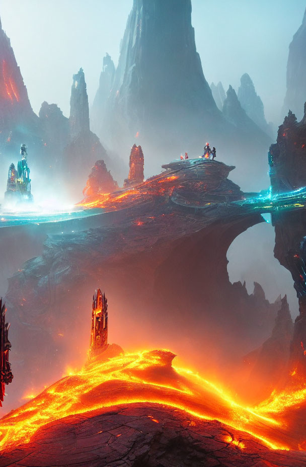 Volcanic landscape with glowing lava rivers and rock spires