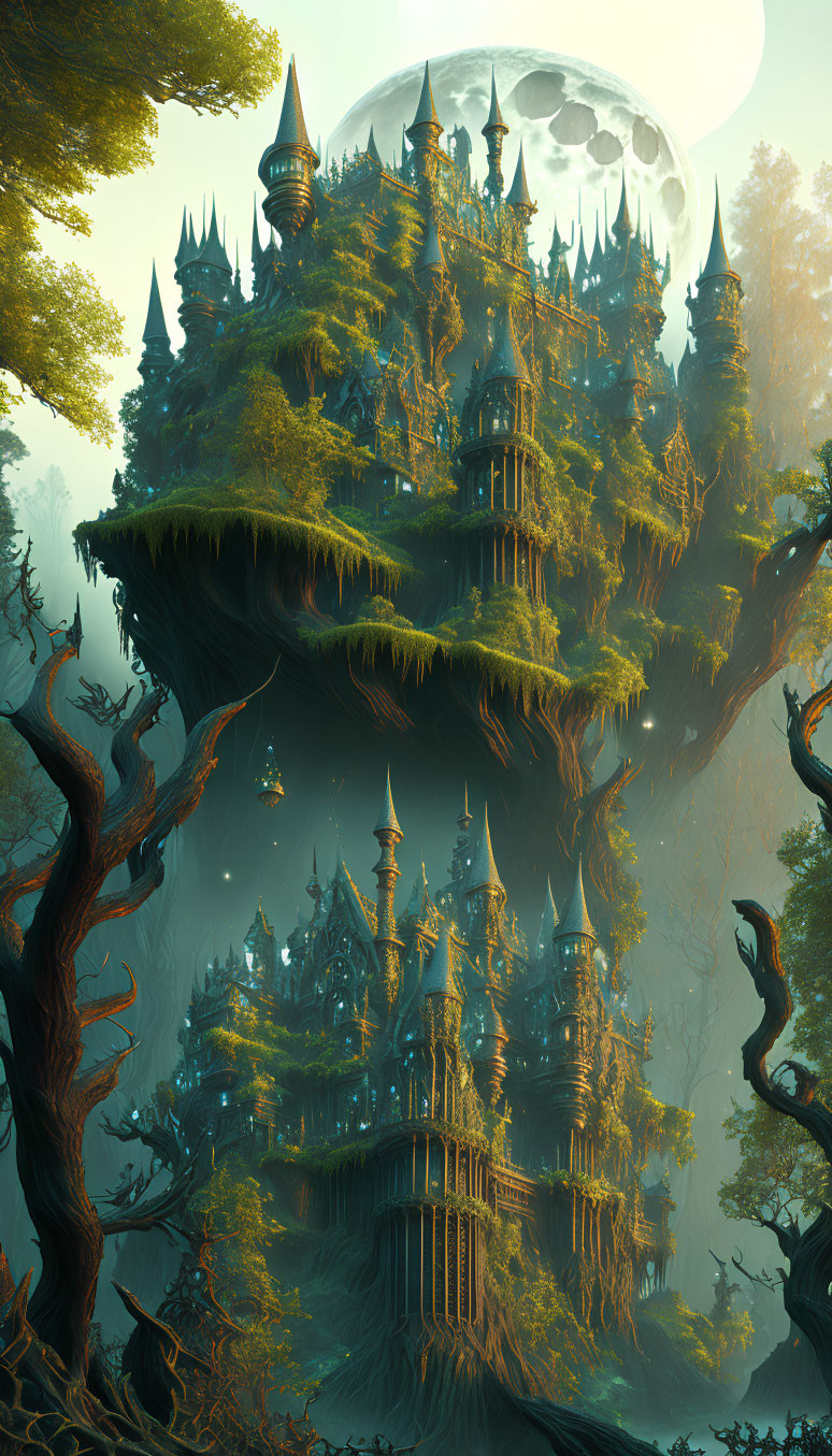Mystical forest scene with towering tree, mystical buildings, hanging lanterns, large moon, and