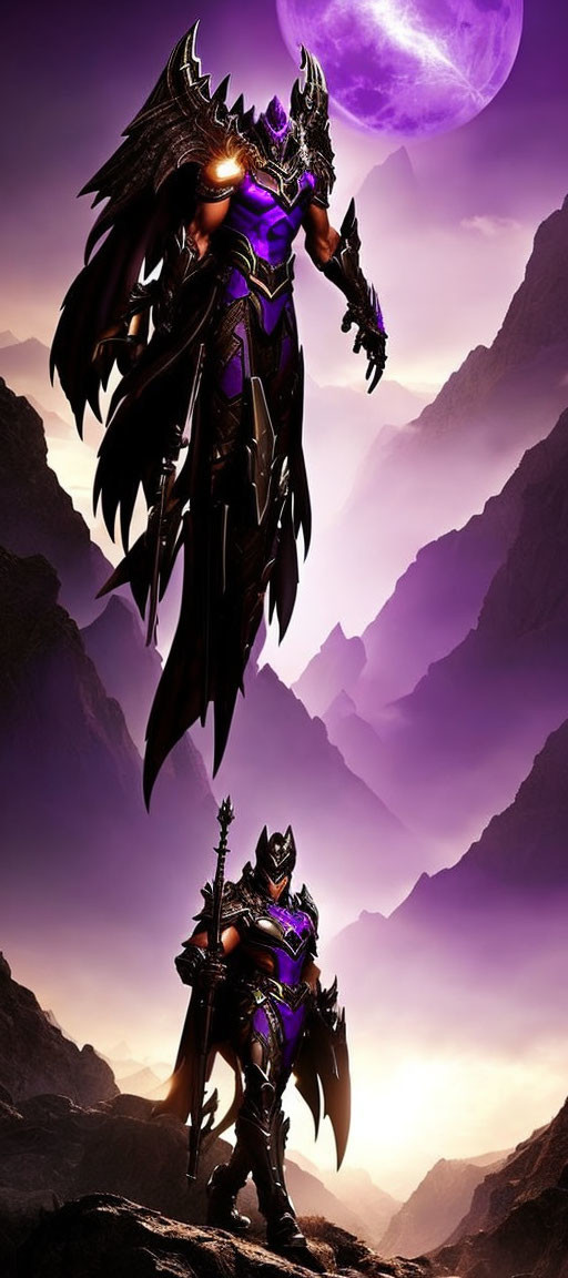 Armored warrior on rocky outcrop under purple sky with large moon