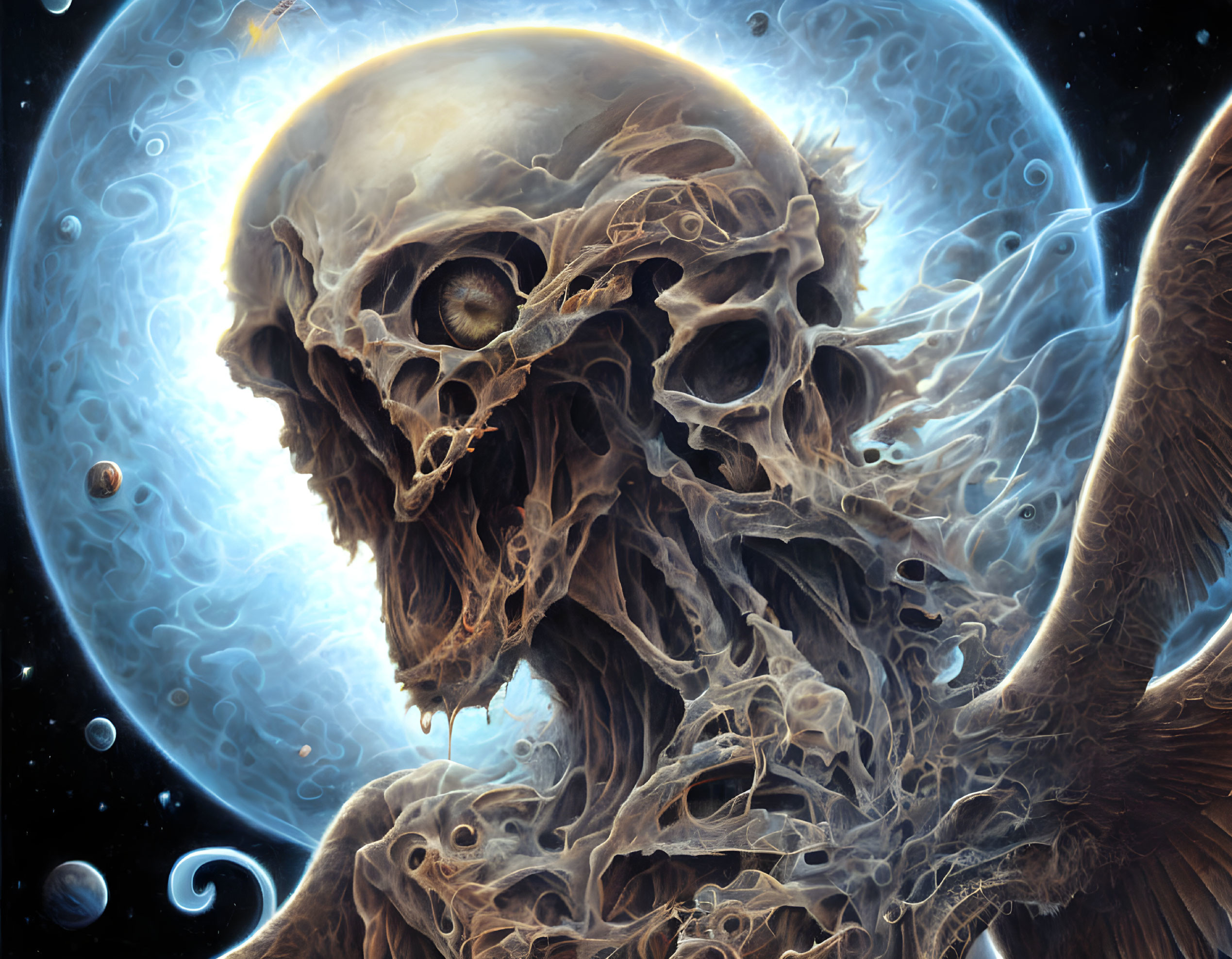 Surreal cosmic artwork: Skull with eye, ethereal textures, planets, glowing crescent