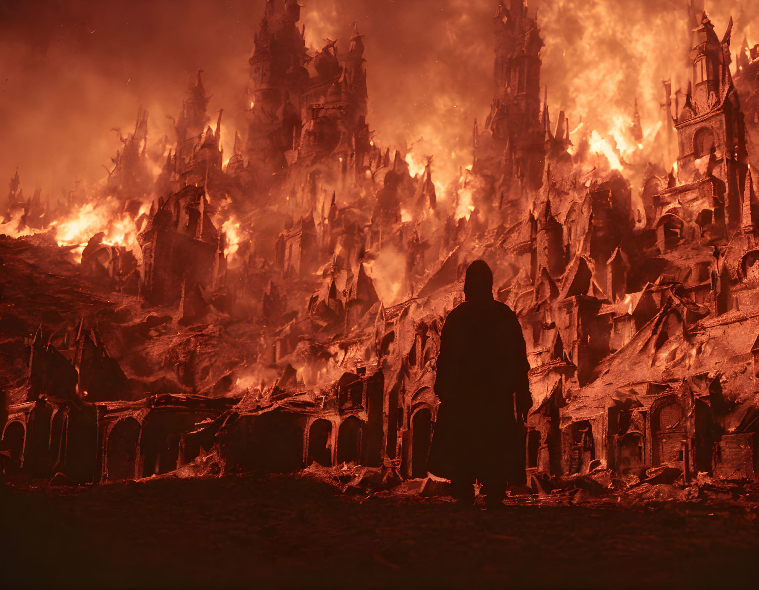 Person in front of fiery dystopian landscape with burning structures.