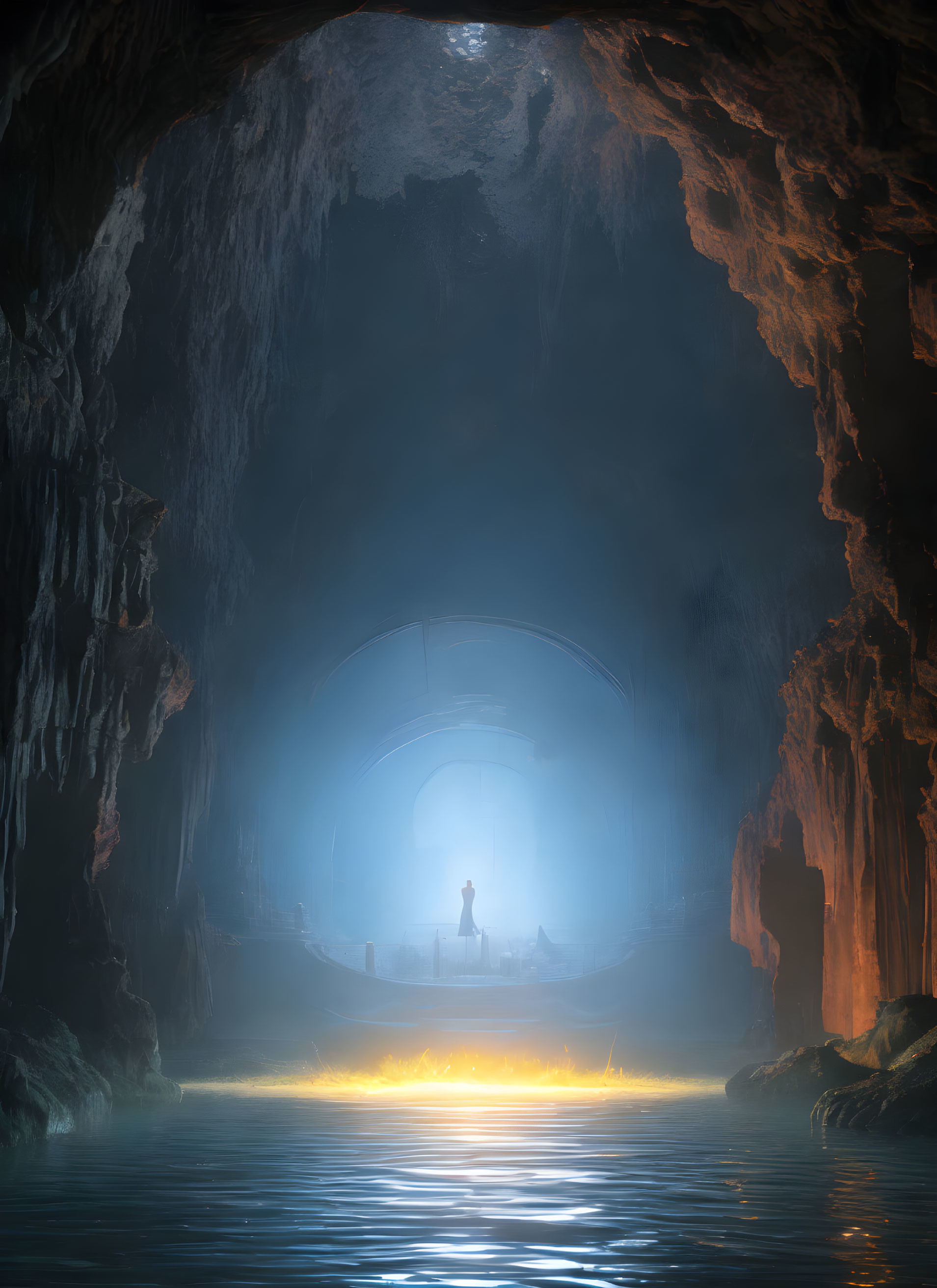 Mysterious figure at illuminated cave entrance above water