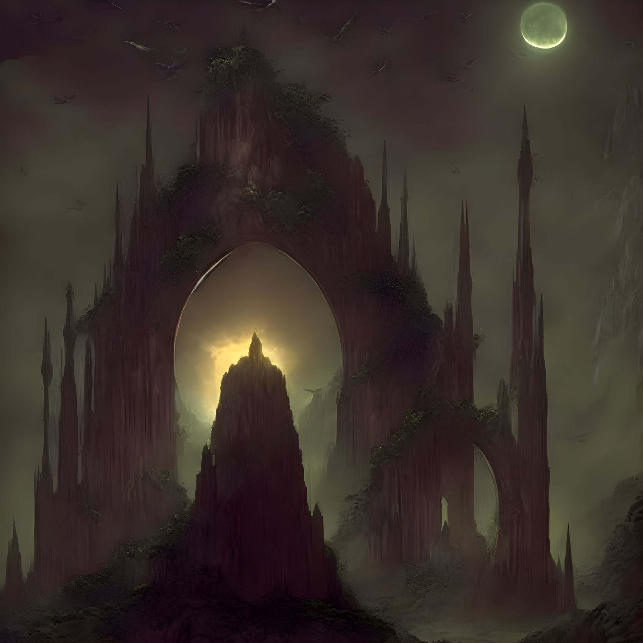 Mysterious landscape with towering spires and natural archways in foggy moonlight