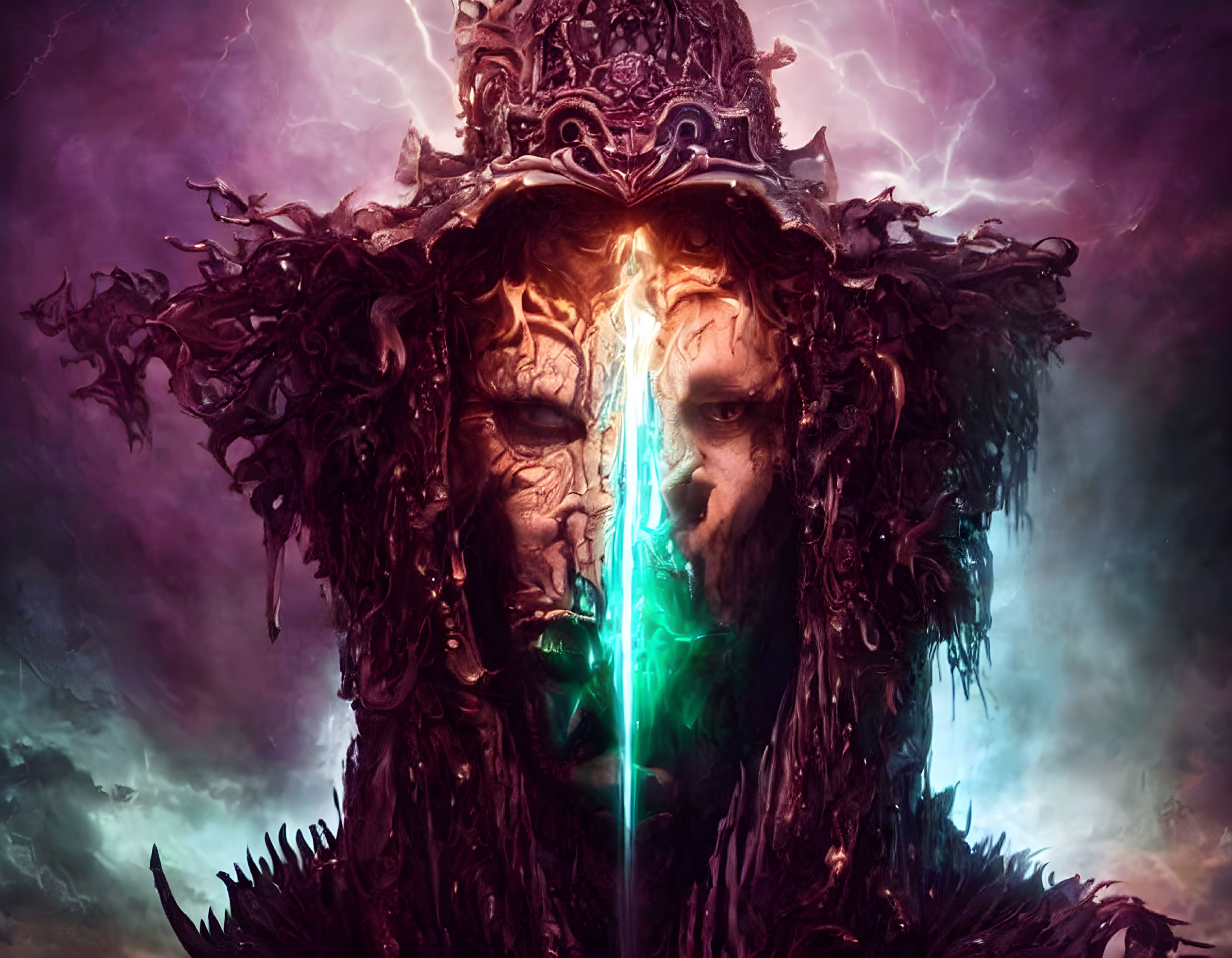 Fantasy king with split skeleton and human faces and glowing green crack