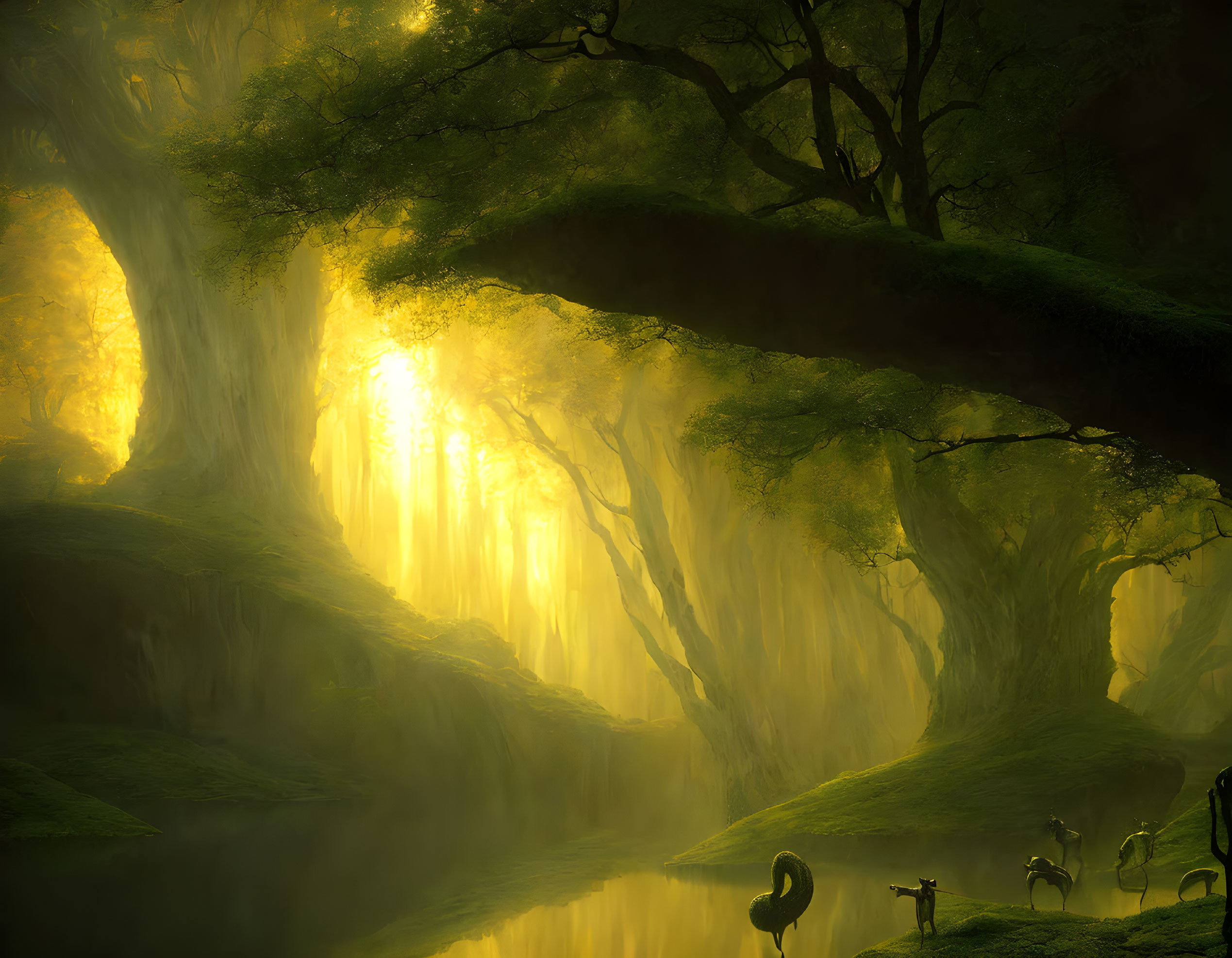 Enchanted forest with sunbeams, oversized flora, stream, and surreal creatures