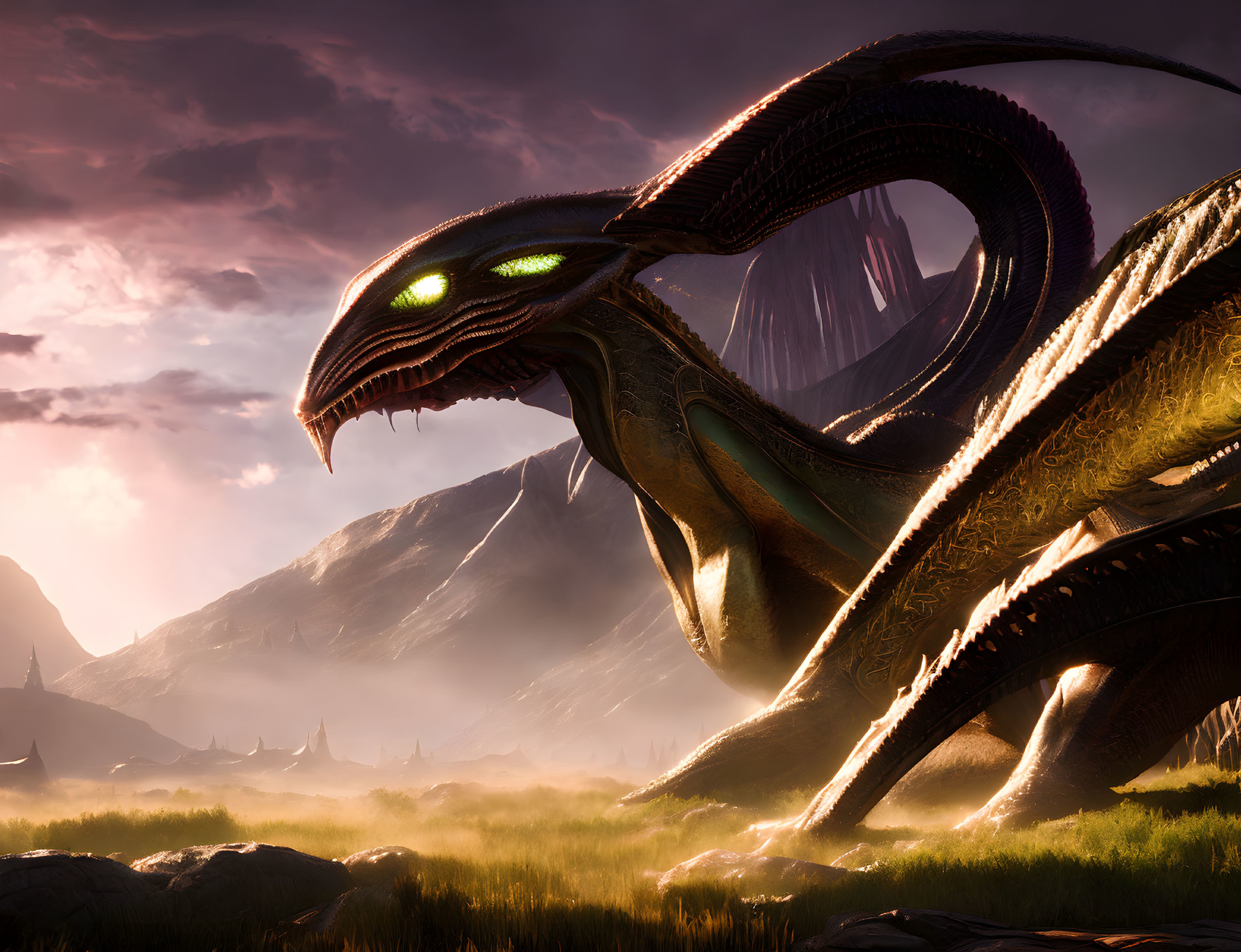 Majestic dragon with glowing eyes in misty landscape