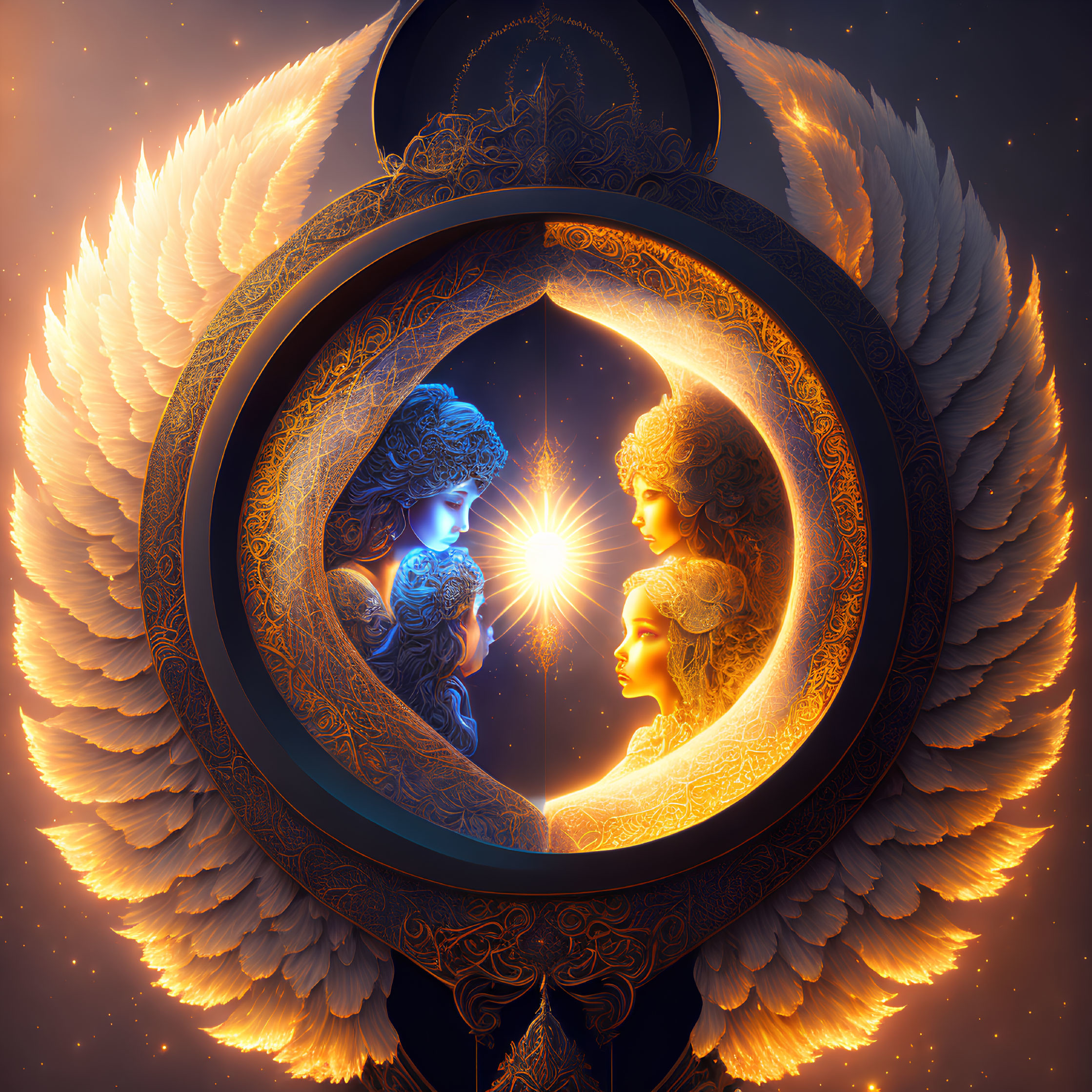 Celestial and ornate artwork of two ethereal female figures cradling a radiant star