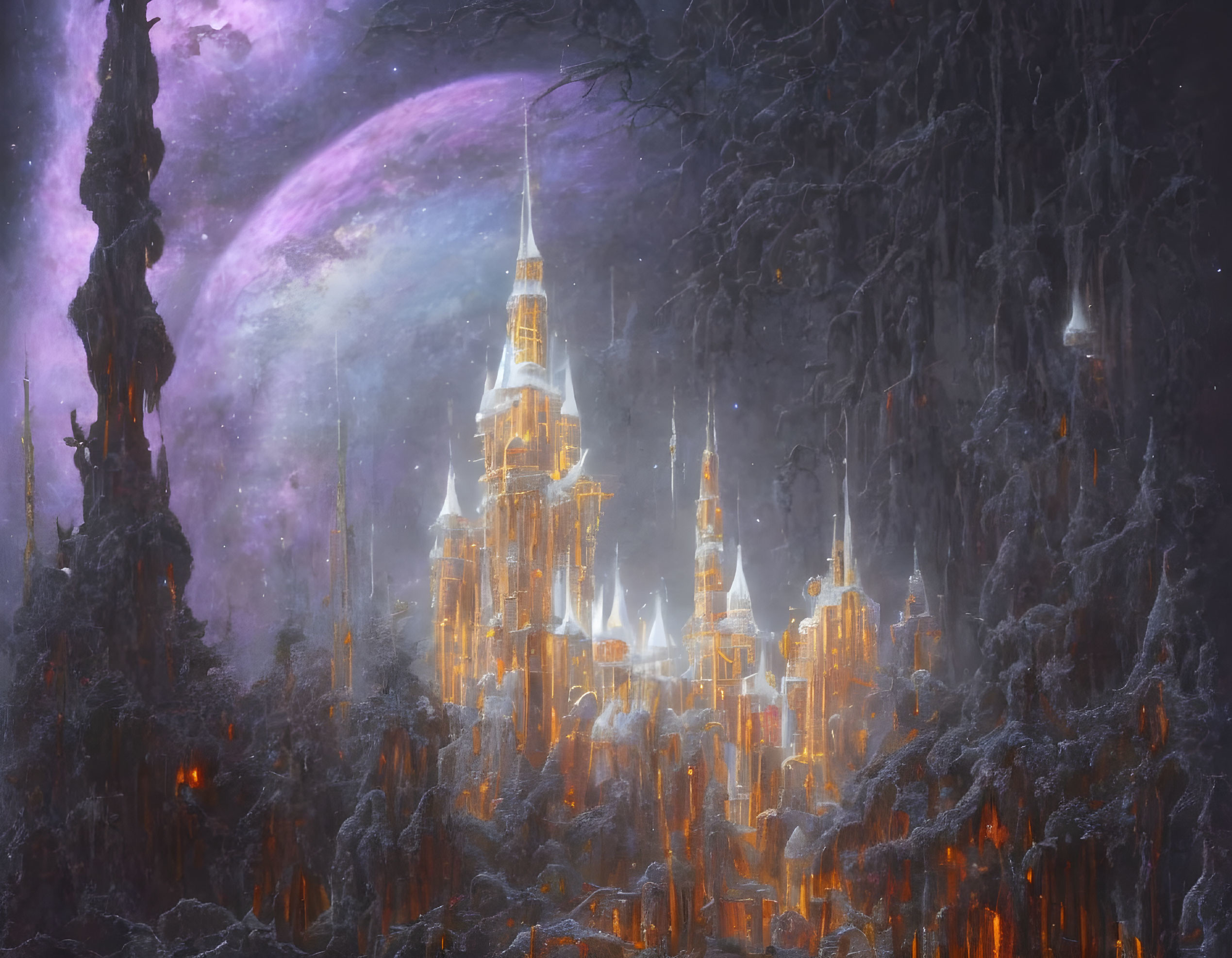 Illuminated fantasy castle in purple-hued sky with celestial body