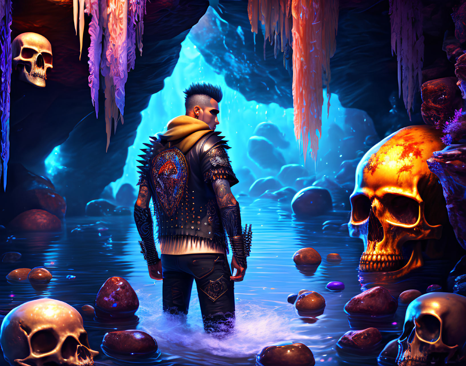 Stylized man in surreal, skull-filled cave with blue and purple hues