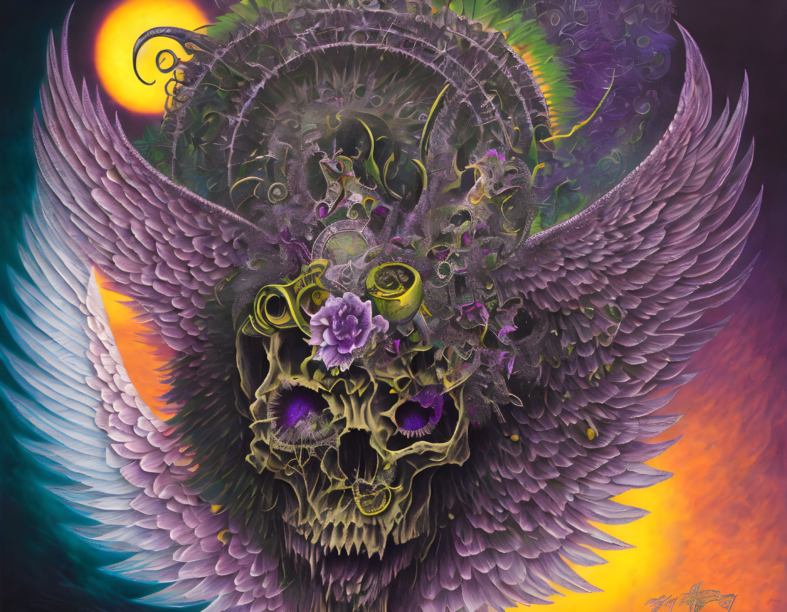 Colorful illustration of ornate skull with wings and mechanical and floral elements on orange and purple background