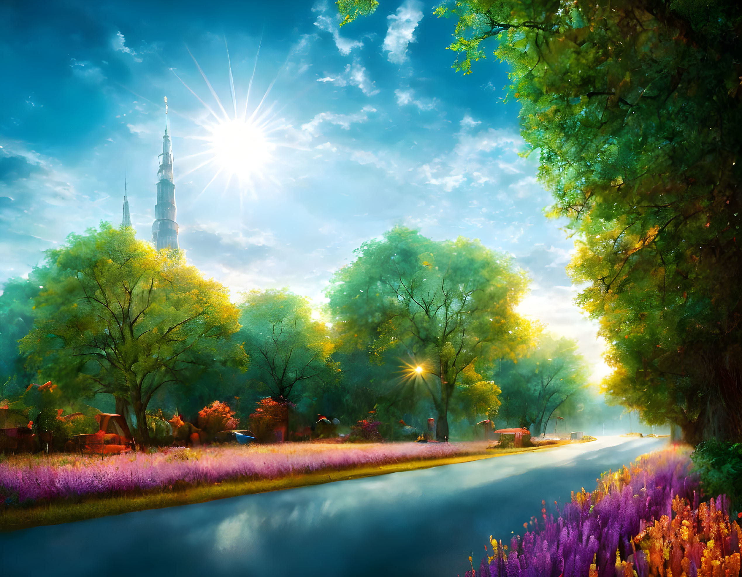 Scenic landscape with sunlit path, purple flowers, green trees, river, and distant tower