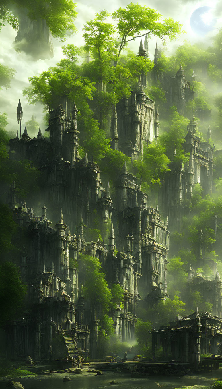 Mysterious forest with ancient tree-like structures in misty light