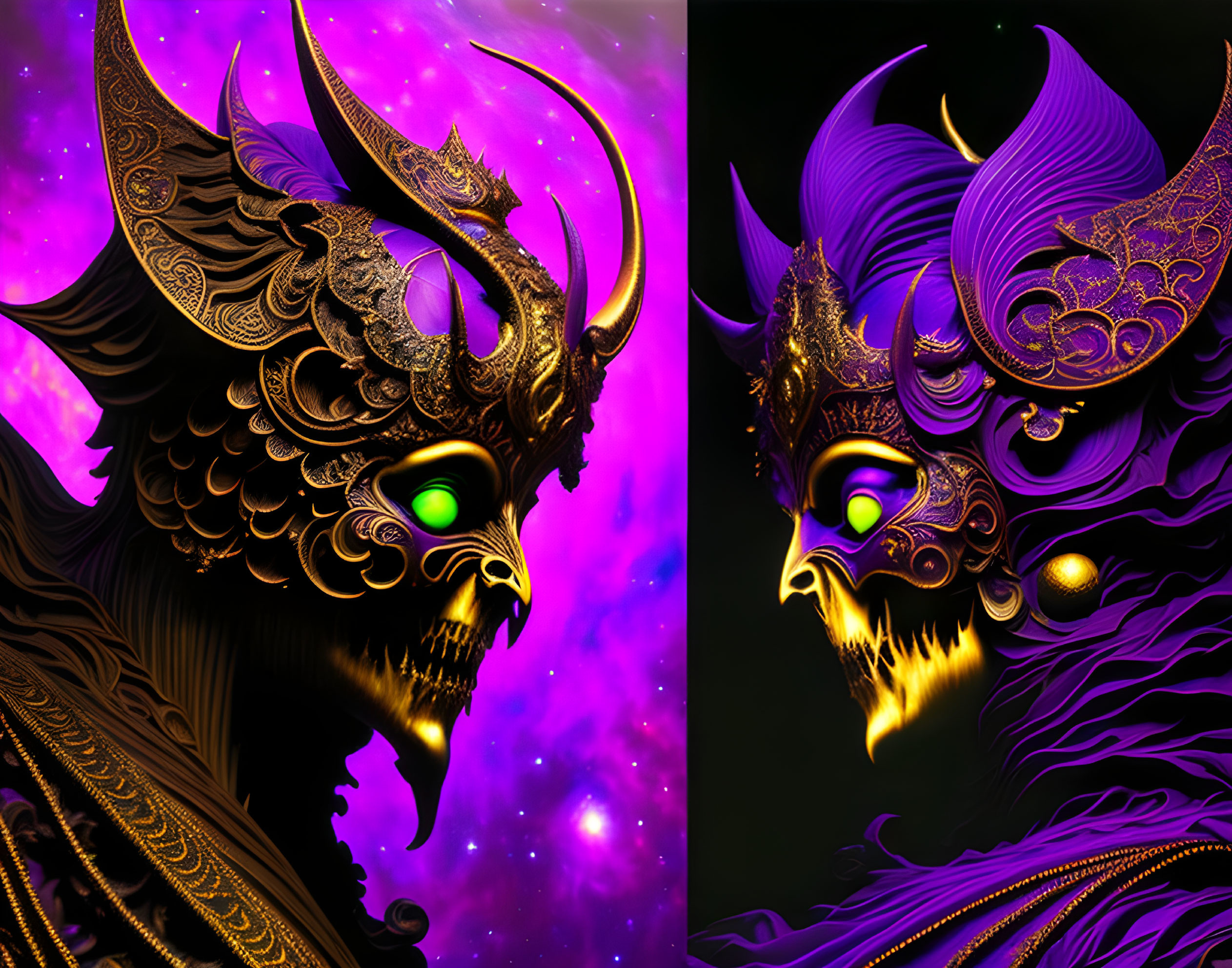 Mythological creatures with ornate horns and glowing eyes on cosmic purple backdrop