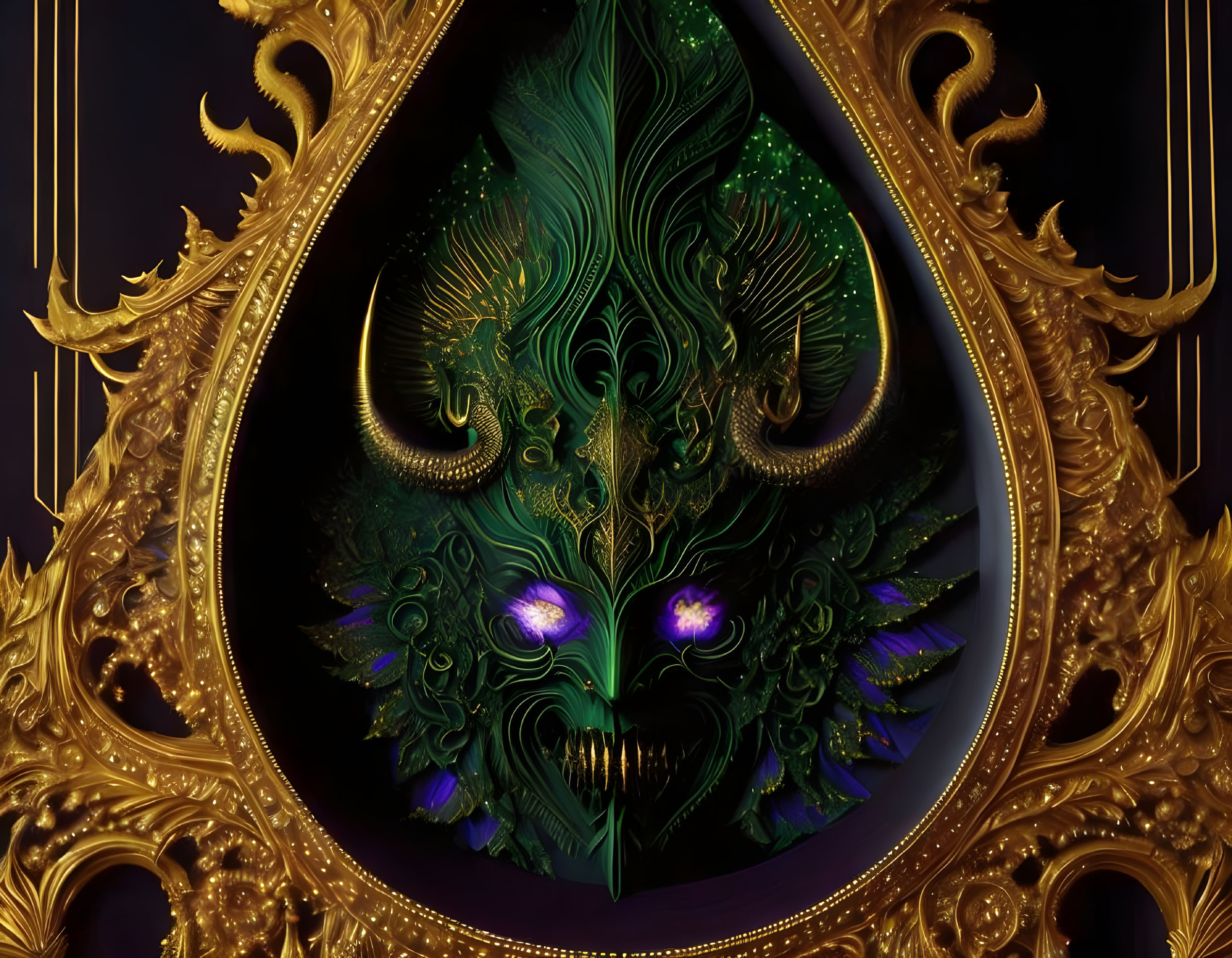 Golden frame encases green and gold dragon mask with purple eyes on dark background