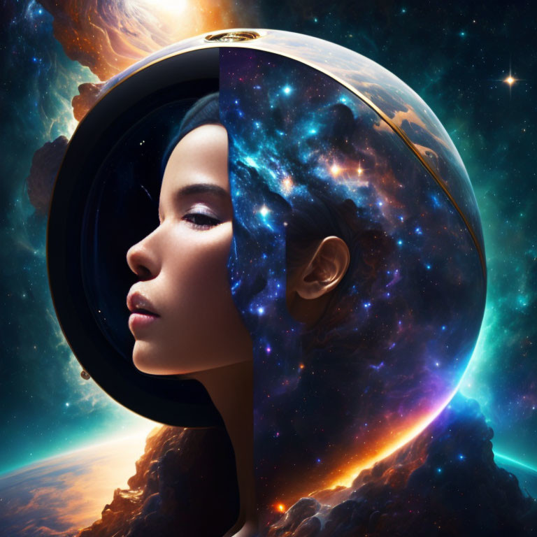 Woman's face blending with cosmic background in circular frame