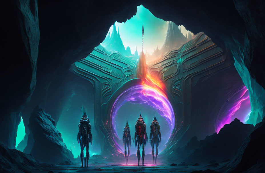 Fantastical cavern with alien structures and figures illuminated by vibrant glowing portal against icy backdrop