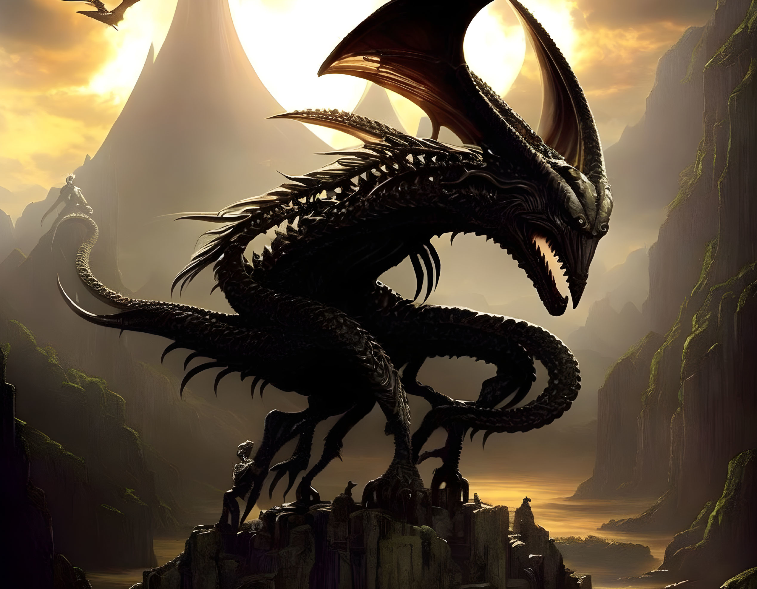 Majestic dragon and cloaked figure on rocky outcrop with mountain backdrop