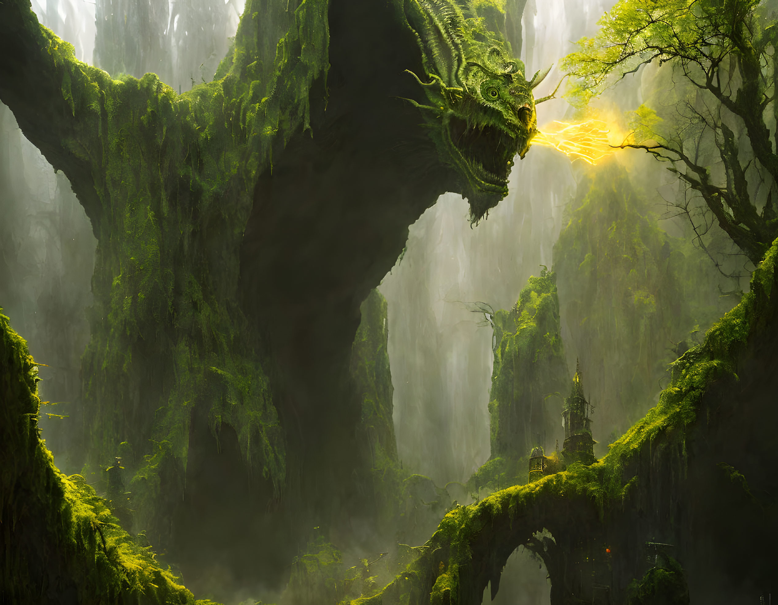 Green Dragon Perched on Tree in Enchanted Forest with Waterfalls and Castle