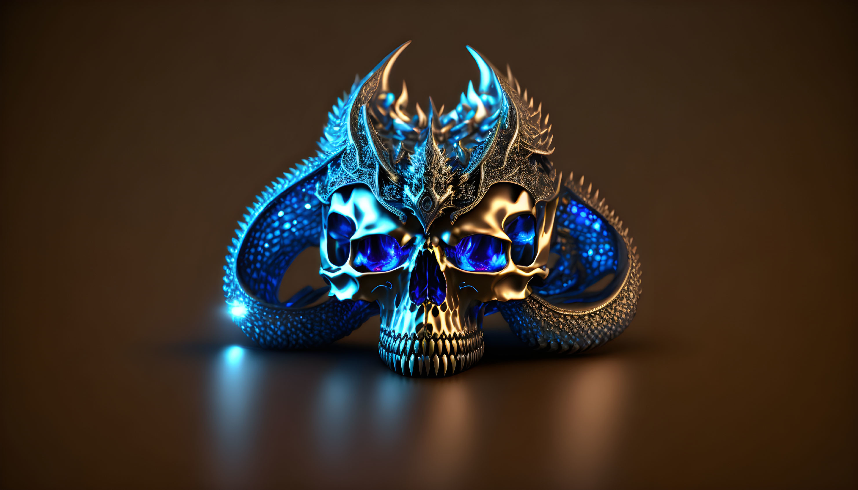 Metallic Dragon-Themed Skull with Blue Illumination on Brown Background