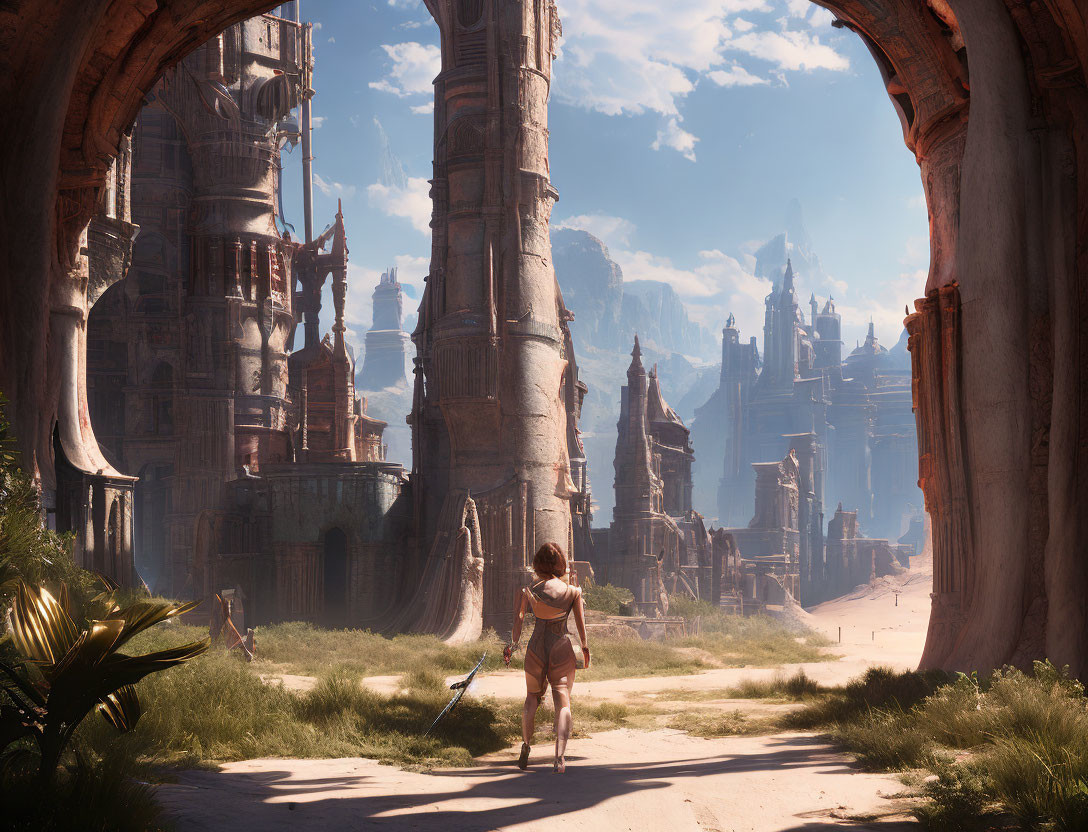 Sword-wielding adventurer in ancient sunlit city with towering ruins