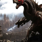 Red-eyed dragon breathing blue flame over gothic cityscape.