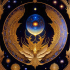 Golden phoenix wings and celestial elements in cosmic illustration.