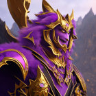 Character in ornate golden armor with purple accents against mountainous backdrop