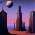 Sci-fi landscape with alien towers, purple sky, planet, and spacecraft