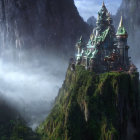 Ethereal fantasy castle on misty cliff with waterfalls