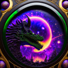 Circular Frame Cosmic Scene with Dragon Silhouette, Moon, Nebulas, Trees