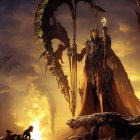 Majestic fantasy scene with towering armored figure, dragon-like wings, and observer.