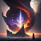 Surreal cosmic landscape with towering rock spire and celestial phenomena