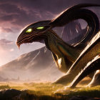 Majestic dragon with glowing eyes in misty landscape