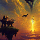 Fantasy landscape with floating islands, castle, dragons, and glowing tree at sunset