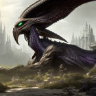 Purple dragon with green eyes confronts figure in misty landscape