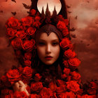 Fantastical image of woman's face with red roses and gothic castle