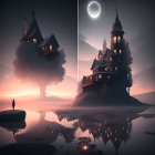 Gothic Fantasy Twin Treehouses by Calm Lake at Twilight