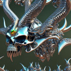 Futuristic metallic skull with horns and fractal elements on gradient background