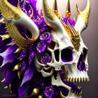 Golden-adorned skull with purple flowers: Life and death contrast