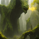 Green Dragon Perched on Tree in Enchanted Forest with Waterfalls and Castle